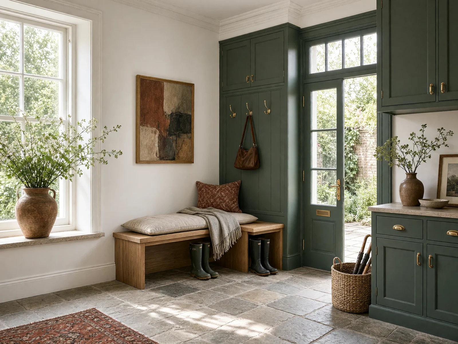 A boot room with a flagstone floor and an oak bench
