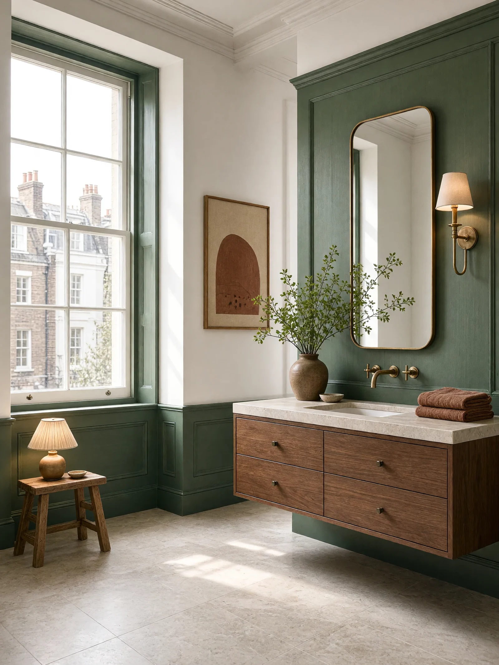 A bathroom with a wall light by the mirror and daylight from the window