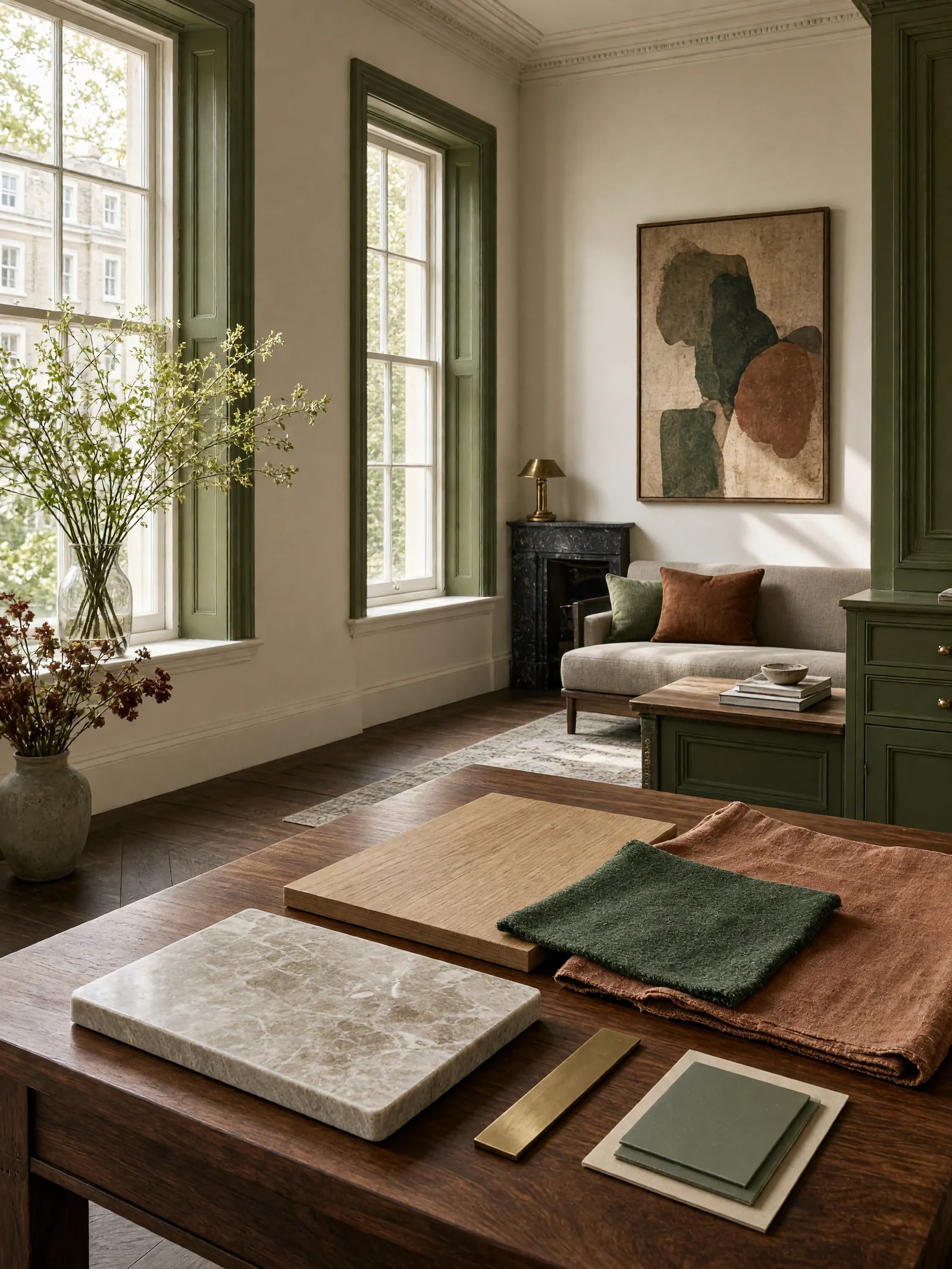 Stone, oak, linen, wool and brass laid out together