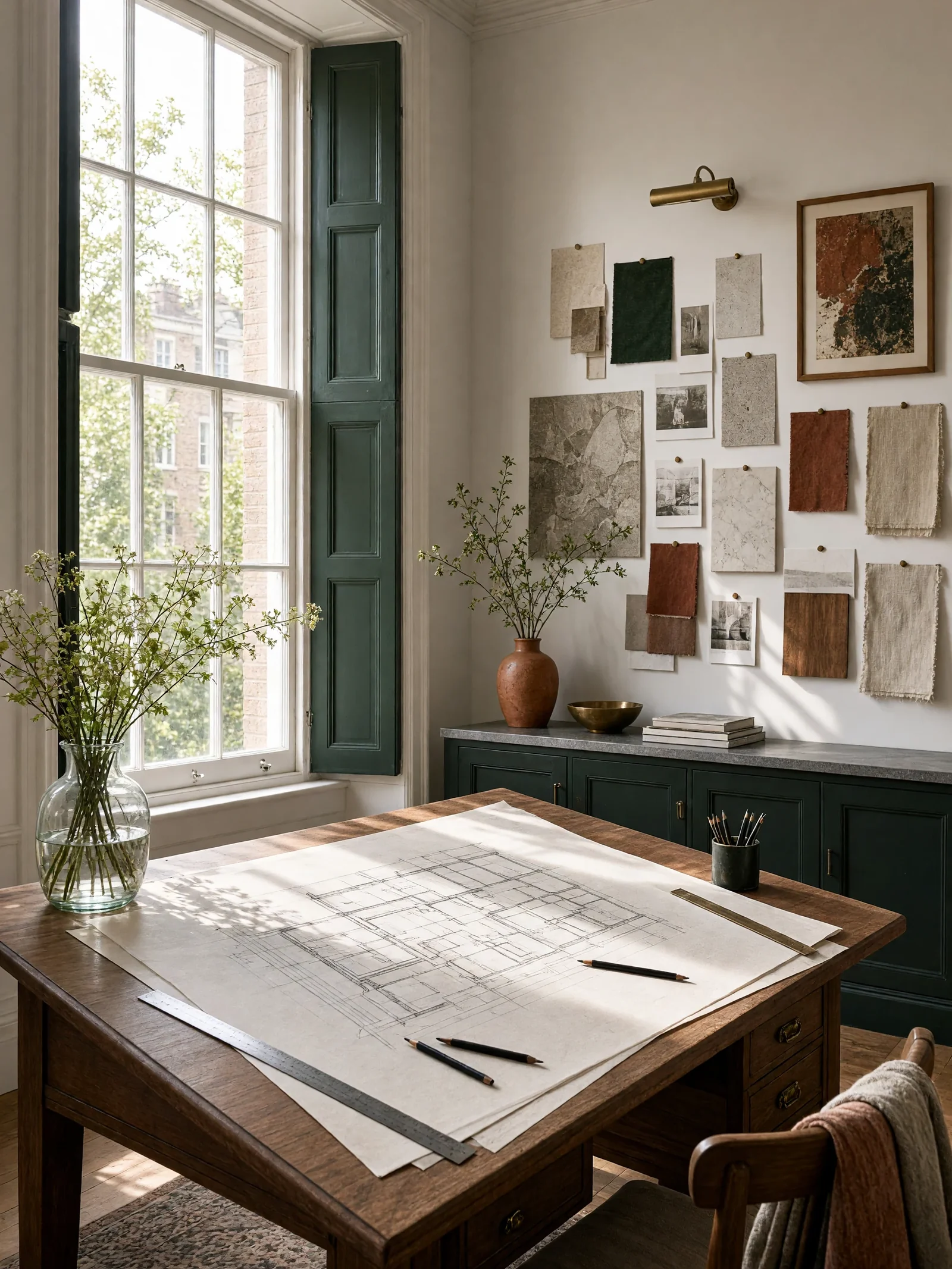 A floor plan in progress on a drafting table