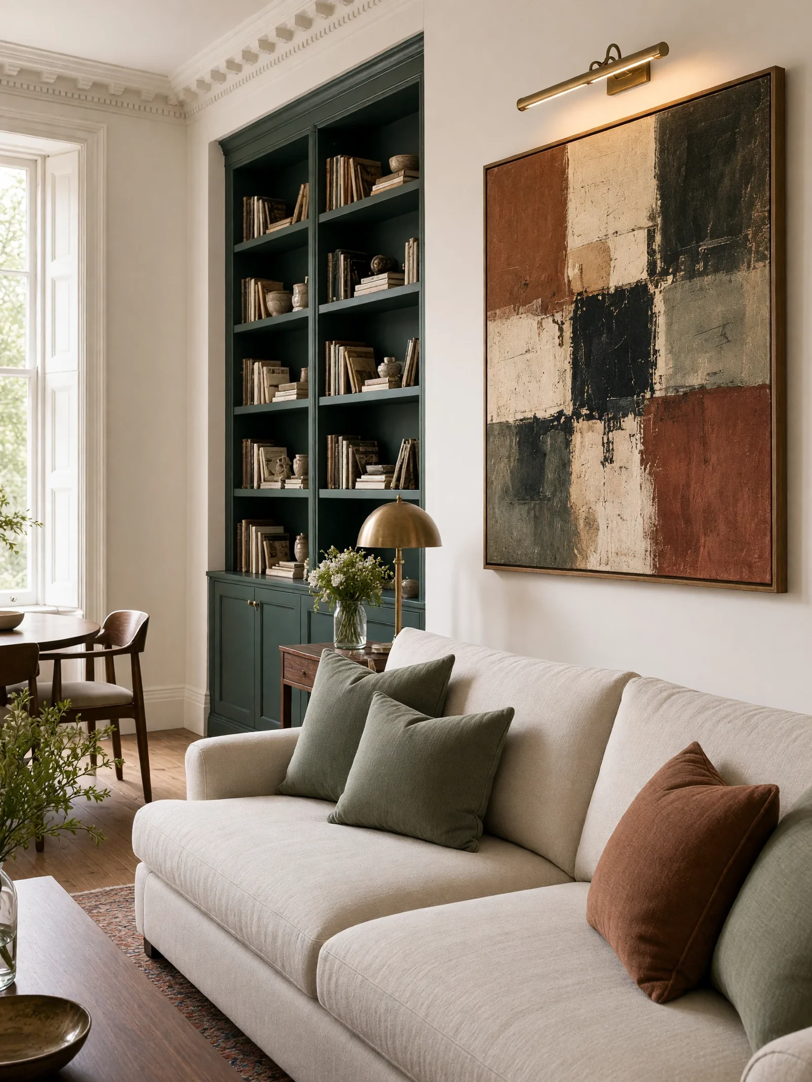 Built-in shelving for the books and art
