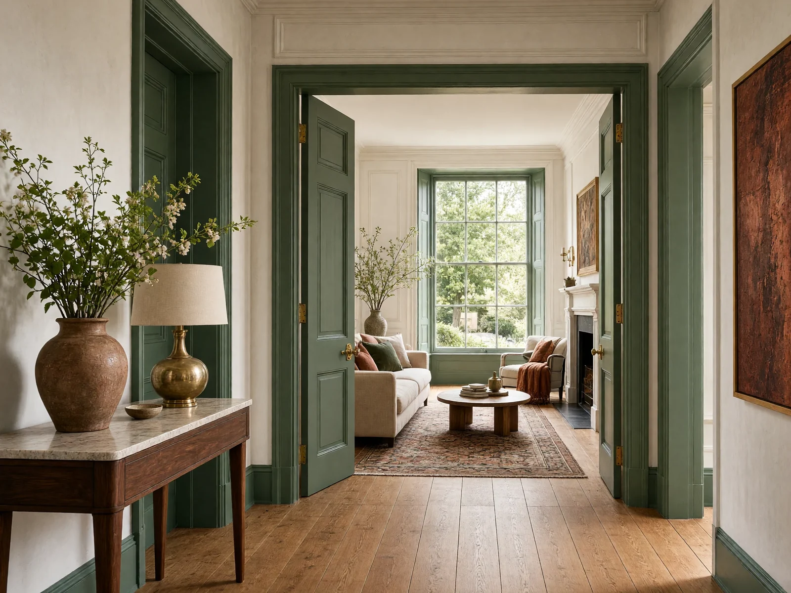 A view along the hallway into a bright sitting room