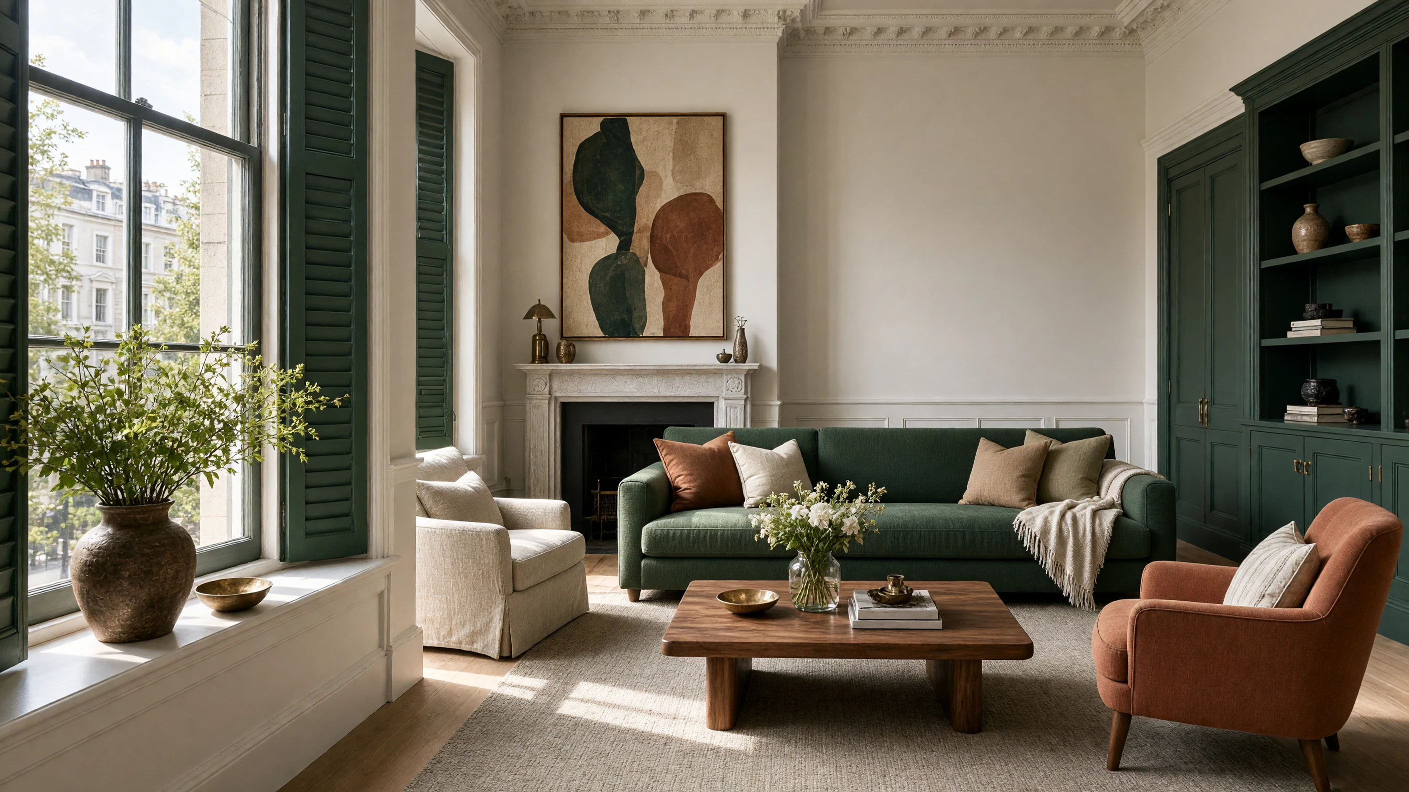A sitting room with a green sofa, a terracotta armchair and a fireplace